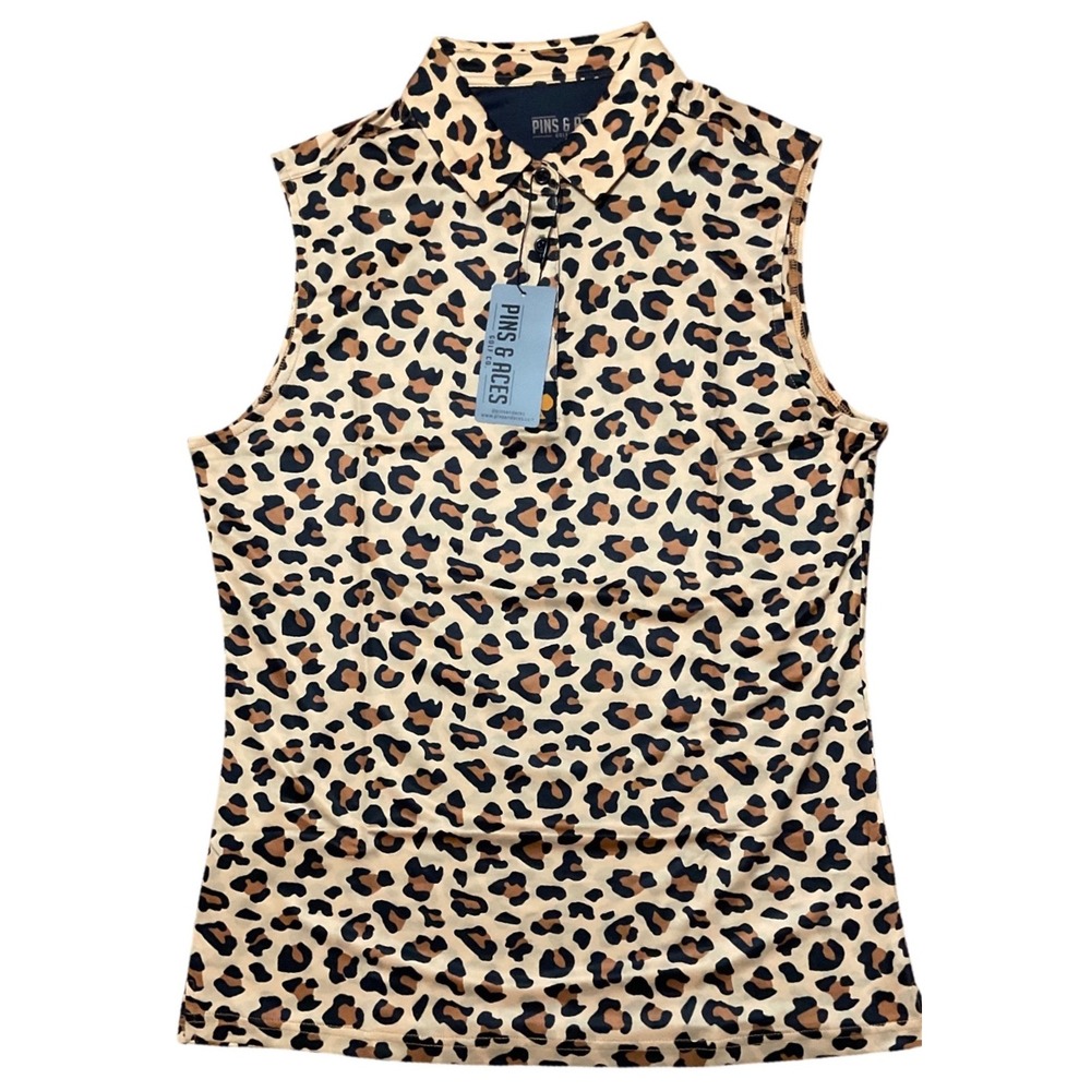 Pins & Aces Womens XL Leopard Print Sleeveless Golf Polo Shirt Tan Brown NWT
